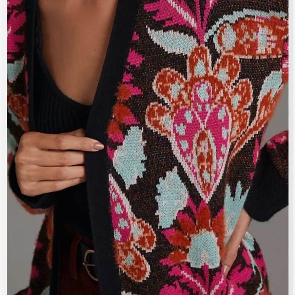 Anthropologie Patterned Duster Med Black Pink Floral Cardigan Sweater Coat - Picture 2 of 6
